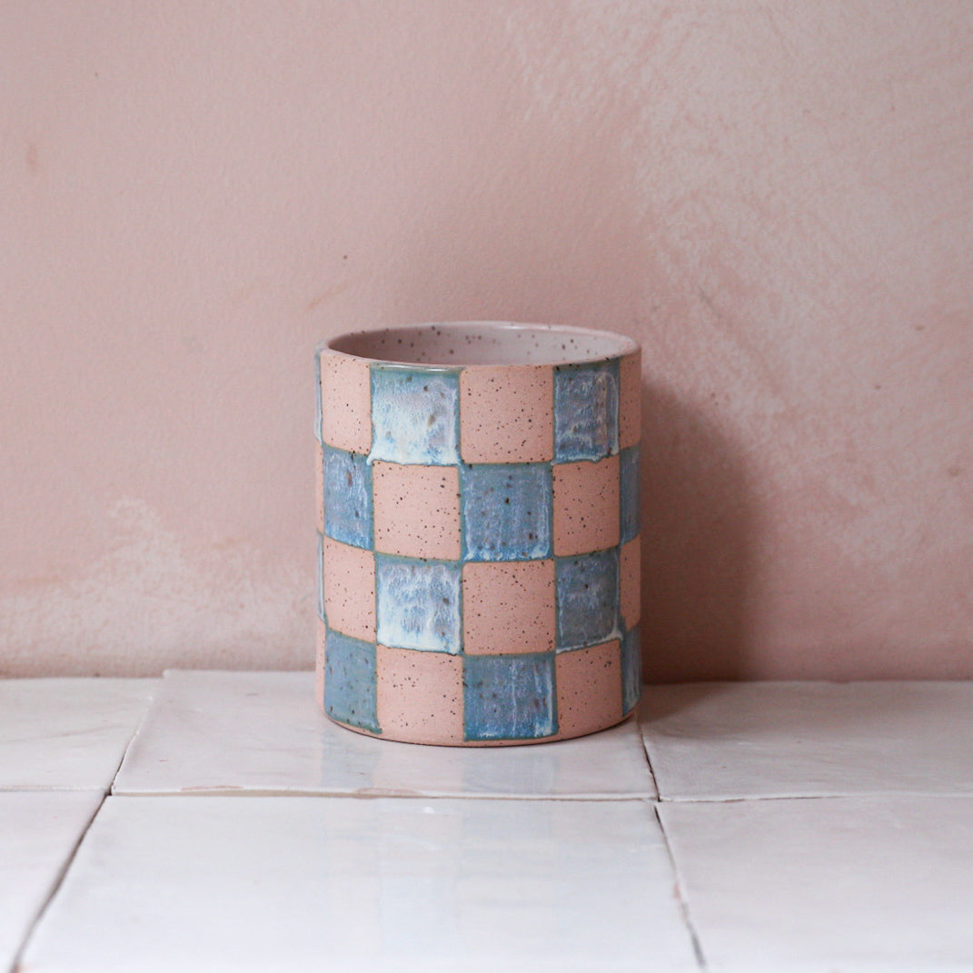 ocean blue checkered cup